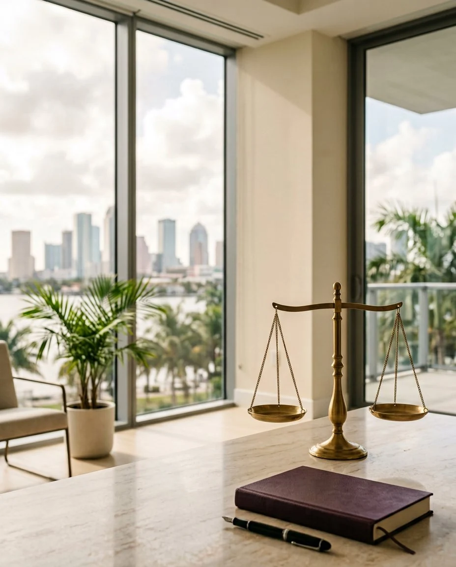 Brass scales of justice in a bright, modern law office